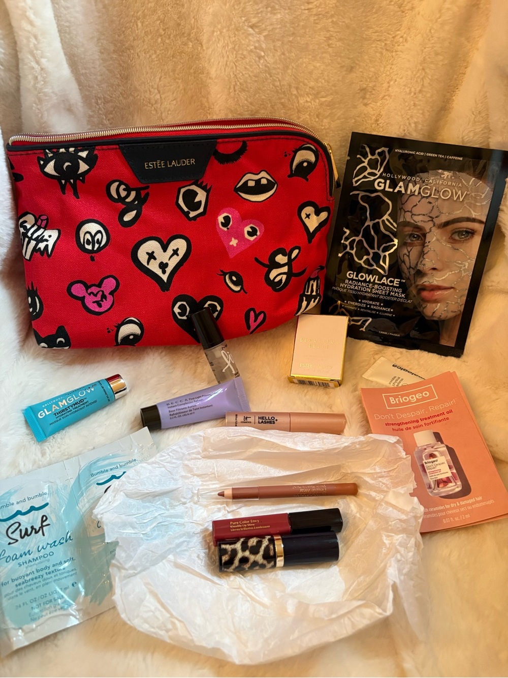Estée Lauder Makeup Bag with bundle of 12 beauty samples products glamglow